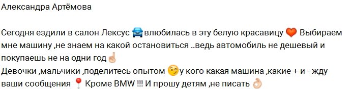Александра Артёмова ищет новый автомобиль