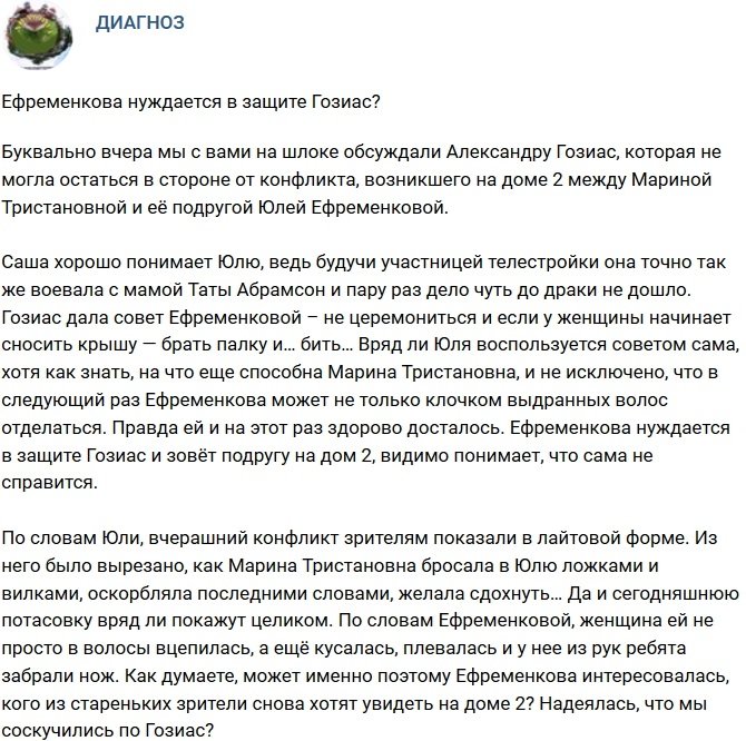 Мнение: Ефременковой необходима защита Гозиас?