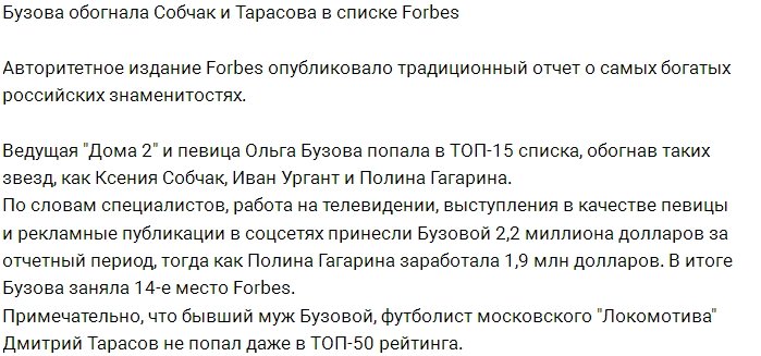 Ольга Бузова заняла 14 место в списках Forbes