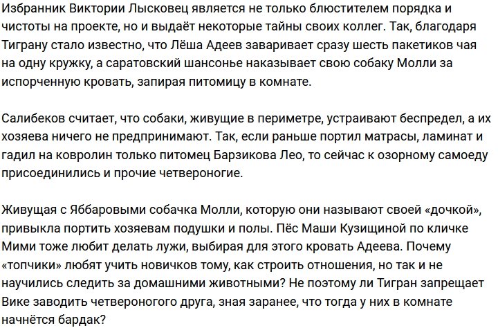 Салибеков устал от четвероногих питомцев участников телестройки