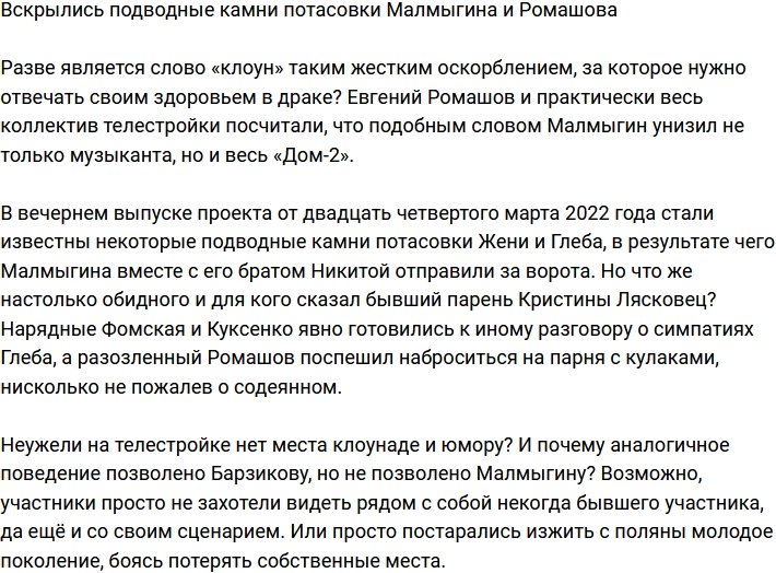 В драке Малмыгина и Ромашова обнаружились подводные камни