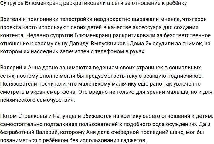 Родительские качества Валерия и Анны Блюменкранц подвергли критике