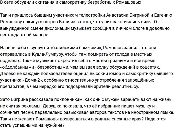 Полконники оценили самокритику безработных Ромашовых