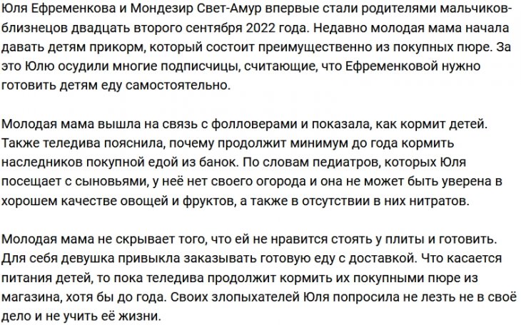 Юлия Ефременкова не видит ничего плохого в детском пюре