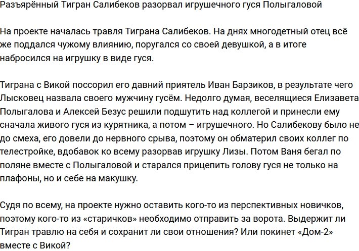 Тигран Салибеков в порыве злости разорвал игрушку Полыгаловой