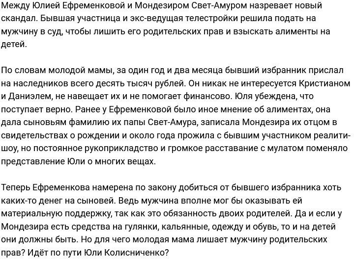 Юлия Ефременкова: Я подала в суд на алименты